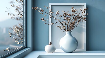 Generative AI : white frame mock up and dry twigs in vase on book shelf or desk. White colors.