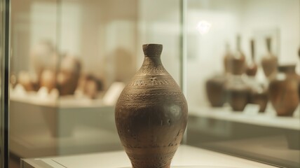 Fototapeta na wymiar Ceramic vase displayed in a museum with soft focus background
