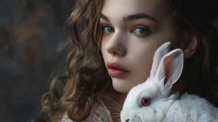 Generative AI : Studio fashion portrait of beautiful lady with white rabbit