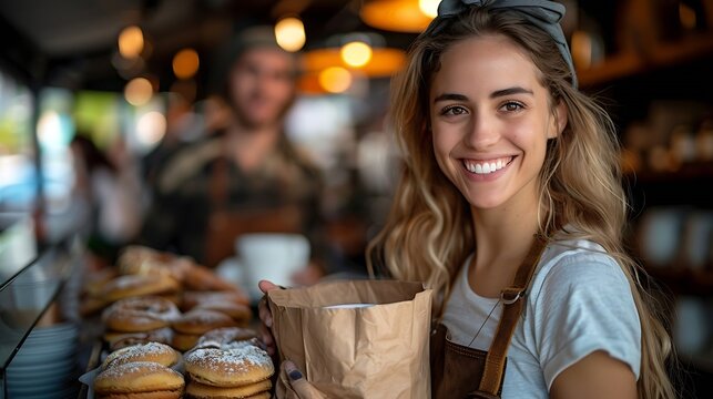 Generative AI : Barista in apron and face mask standing behind counter bar ready to give Coffee Service