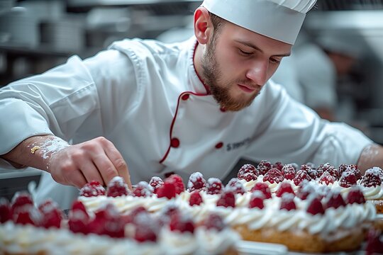 Generative AI : chef is completing a dessert in a hotel or restaurant kitchen