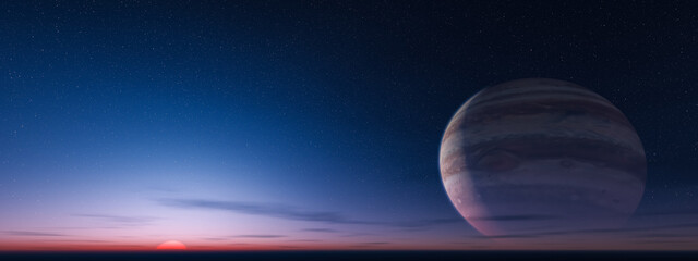 Sci-fi Colorful Cloudscape Sky Background with Jupiter planet. 3d Rendering Artwork.