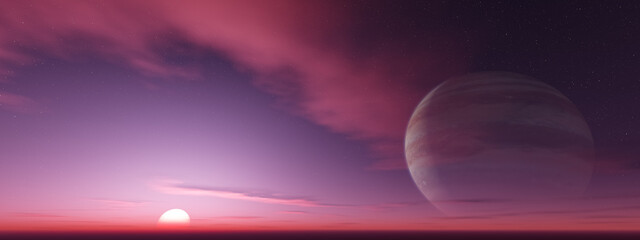 Sci-fi Colorful Cloudscape Sky Background with Jupiter planet. 3d Rendering Artwork.