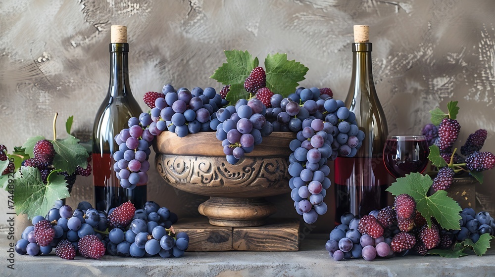 Poster generative ai : ripe grapes, wine glasses and bottles of wine isolated on white