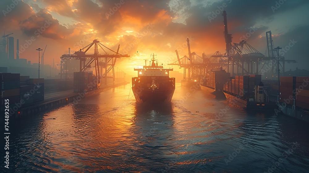 Poster Generative AI : massive container ship is docked at an industrial port, surrounded by towering cranes and stacks of shipping containers