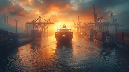 Generative AI : massive container ship is docked at an industrial port, surrounded by towering cranes and stacks of shipping containers - obrazy, fototapety, plakaty