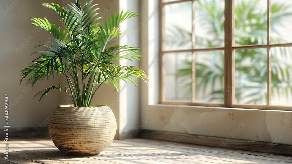 Poster generative ai : frame or poster mock up in living room and plants in vase with window shadow