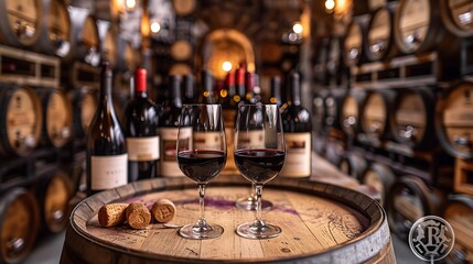 Fototapeta na wymiar Generative AI : Wine tasting experience in the rustic cellar and wine bar: red wine glass 