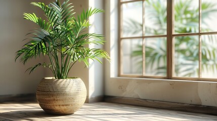 Generative AI : Frame or Poster mock up in living room and plants in vase with window shadow