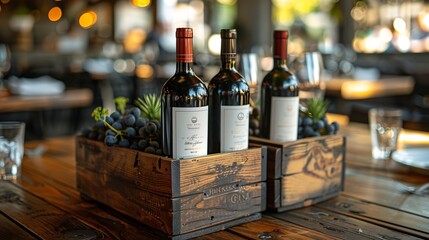 Generative AI : Wine bottles in wooden boxes are on the table restaurant. Wine background. - obrazy, fototapety, plakaty
