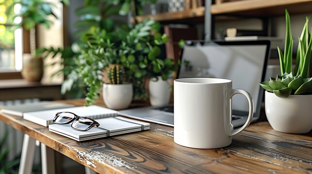 Generative AI : White mug mockup, modern workspace with laptop, notebooks, eyeglasses and succulent plant
