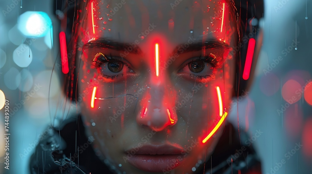Poster generative ai : back view of a cyberpunk girl types, hackers create deepfakes