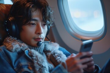 Generative AI : Asian male traveler in jean jacket and headphones sits at the window seat in economy class - obrazy, fototapety, plakaty