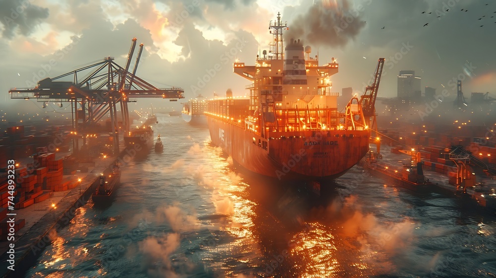 Poster Generative AI : massive container ship is docked at an industrial port, surrounded by towering cranes and stacks of shipping containers
