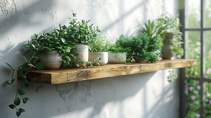 Generative AI : Wooden shelf on white wall with green plant.