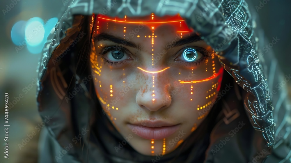 Leinwandbilder Generative AI : hackers create deepfakes, Back view of a Cyberpunk girl types