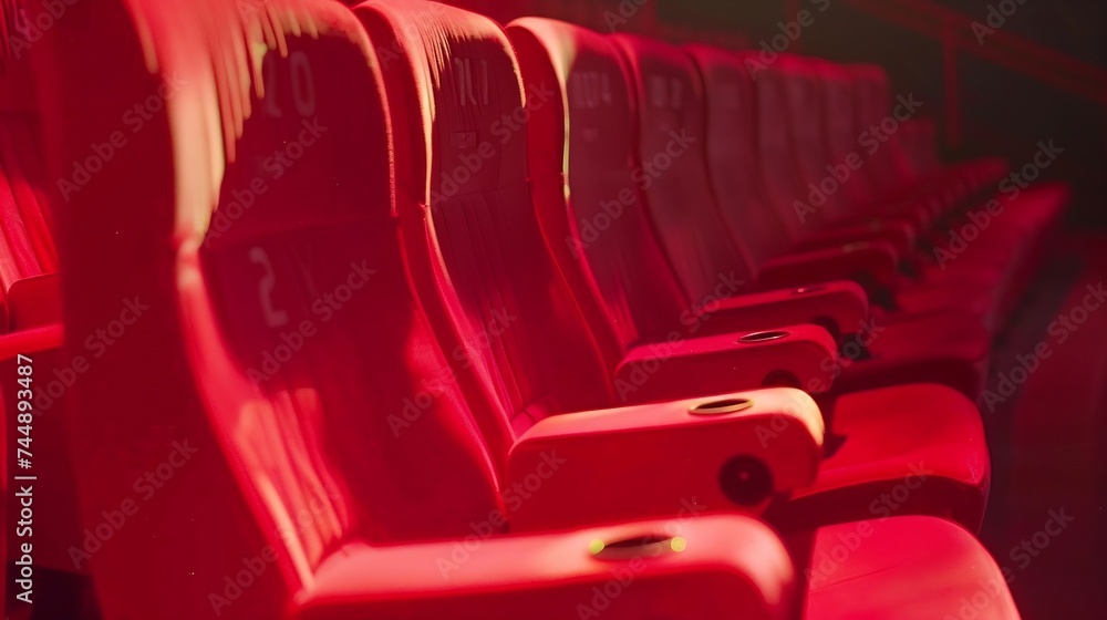 Poster Generative AI : Empty comfortable red seats with numbers in cinem