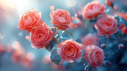 Generative AI : Summer blossoming delicate roses on blooming flowers festive background, 