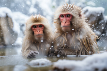 Affen sitzen bei Schnee und Eis in einer heißen Quelle, Japanische Schneeaffen im heißen See