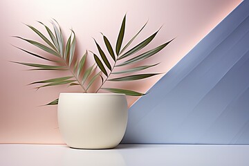 Ceramic flower pot with exotic houseplant. Modern home decor concept with touch of elegance on pastel pink background. Stylish interior design element for trendy living spaces.