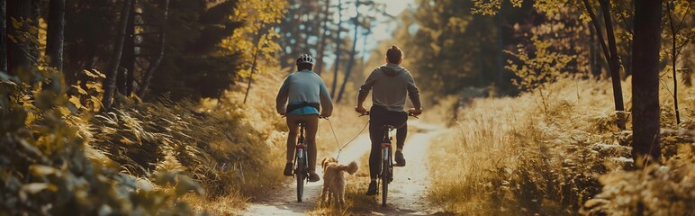 Banner Radfahren mit Hund im sonnigen Wald, Konzept Freizeit mit Hund - obrazy, fototapety, plakaty