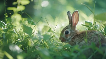 Rabbit in the green grass, selective focus, shallow DOF