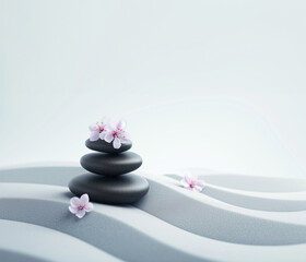 Zen stones with cherry blossoms on ripple sand