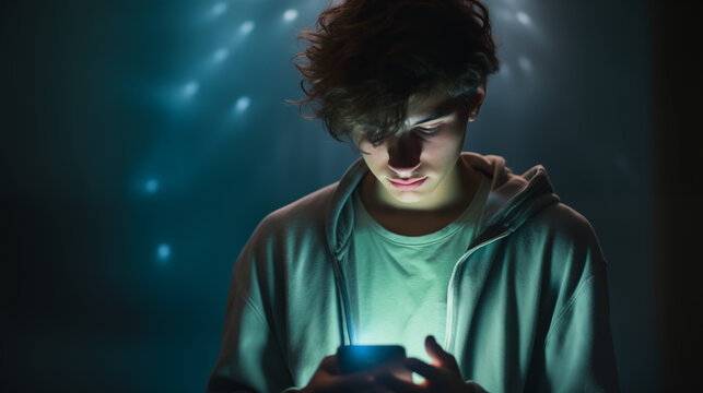 Junger Mann wird von Smartphone angestrahlt, Smombie, blaue Lichtstimmung
