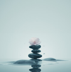 Pile of serene black zen stones with blossoming flower