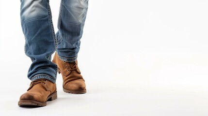 Casual Brown Leather Boots with Blue Jeans on White Background