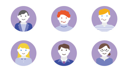 Set of flat design vector illustrations of men and women.  Colorful characters in circles, person icons with diverse face, abstract modern young art. Trendy heads for forum or blog users profile. 