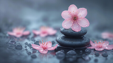 Fototapeta na wymiar Serene cherry blossoms on zen stones for tranquility and meditation