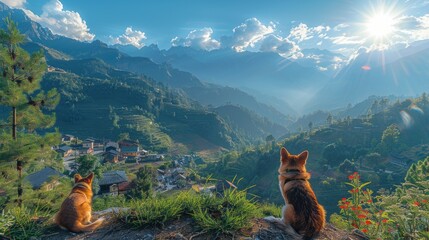 Two dogs sitting on top of a vibrant green hillside.
