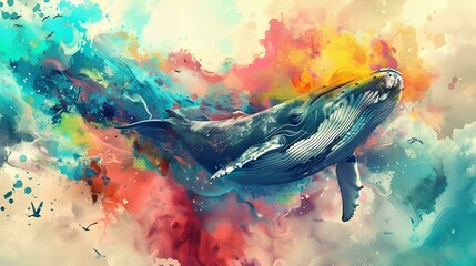 Humpback whale with colorful watercolor paint splashes. 3d rendering - obrazy, fototapety, plakaty