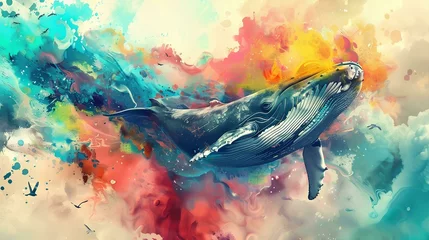 Gordijnen Humpback whale with colorful watercolor paint splashes. 3d rendering © Aleena