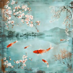 Koi fish and cherry blossom tree on the watercolor old paper texture background Japanese style