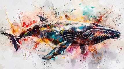 Naklejka premium Humpback whale with colorful watercolor paint splashes. 3d rendering