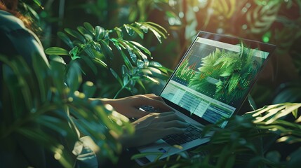 Side view of female hands typing on laptop keyboard with green plant tropical leaves and bokeh light background