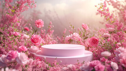Fototapeta na wymiar Podium for product presentation. Podium background flower rose product pink 3d spring table beauty stand display nature white. Garden rose floral summer background podium cosmetic valentine