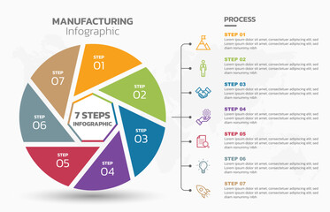 Visual data presentation. Cycle diagram with 7 options. Pie Chart Circle infographic template with 7 steps, options, parts, segments. Business concept. Marketing infographic vector illustration.