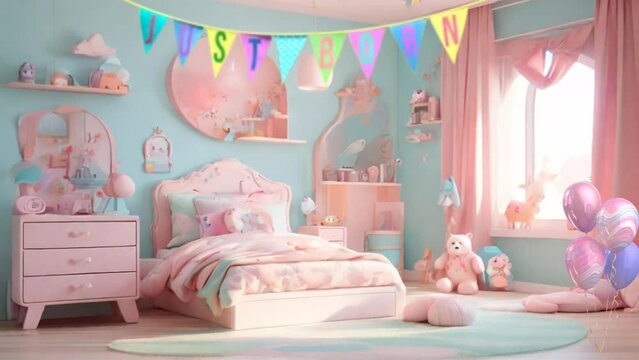 Cute, festive children's room decorations make children comfortable. cartoon or anime style. seamless looping 4K video animation