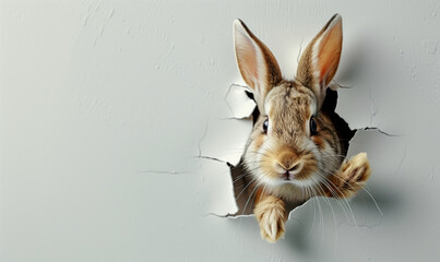 Curious Bunny Peeking Through a White Torn Paper Wall