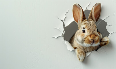 Curious Bunny Peeking Through a White Torn Paper Wall