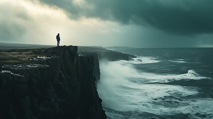 Dominando a natureza A figura solitária enfrenta a tempestade e a vastidão do oceano com resiliência e determinação - obrazy, fototapety, plakaty
