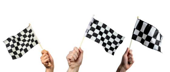 Hand holding racing flag over isolated transparent background