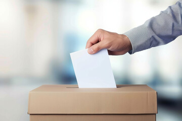 close up of a hand putting a ballot paper into an election box - obrazy, fototapety, plakaty