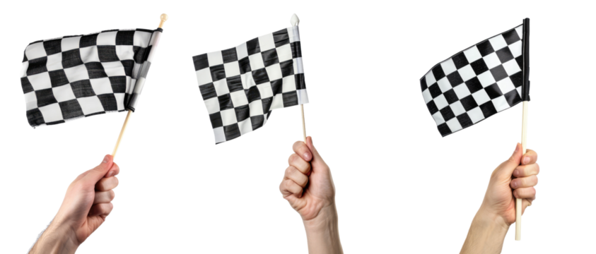 Hand holding racing flag over isolated transparent background