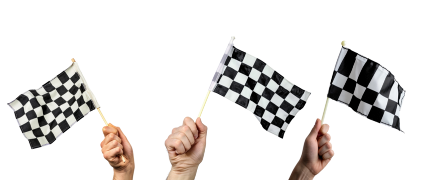 Hand holding racing flag over isolated transparent background