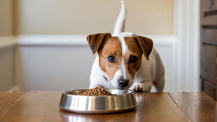 A vigilant Jack Russell Terrier gazes eagerly, anticipating a meal from a brimming bowl of kibble atop a polished wooden surface.