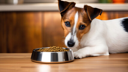 A vigilant Jack Russell Terrier gazes eagerly, anticipating a meal from a brimming bowl of kibble atop a polished wooden surface. - obrazy, fototapety, plakaty
